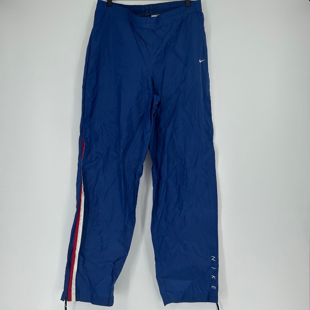 Vtg 90s Nike Kids Blue Nylon Track Pants with Red White Stripe Accent XL‎ READ
